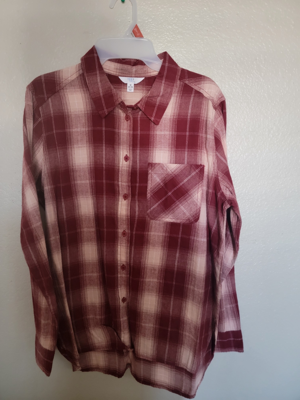 Time and Tru Red and Cream Plaid Button-Down Shirt
